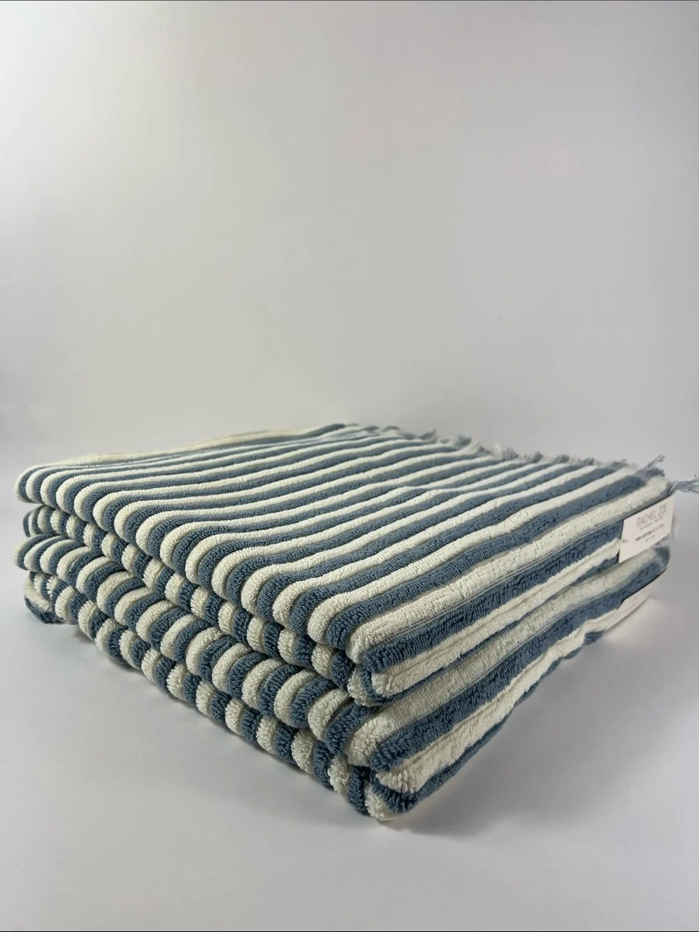 Rachel Zoe Bath Towel Set Blue White Striped with Fringe Soft Cotton 8 Pc NEW
